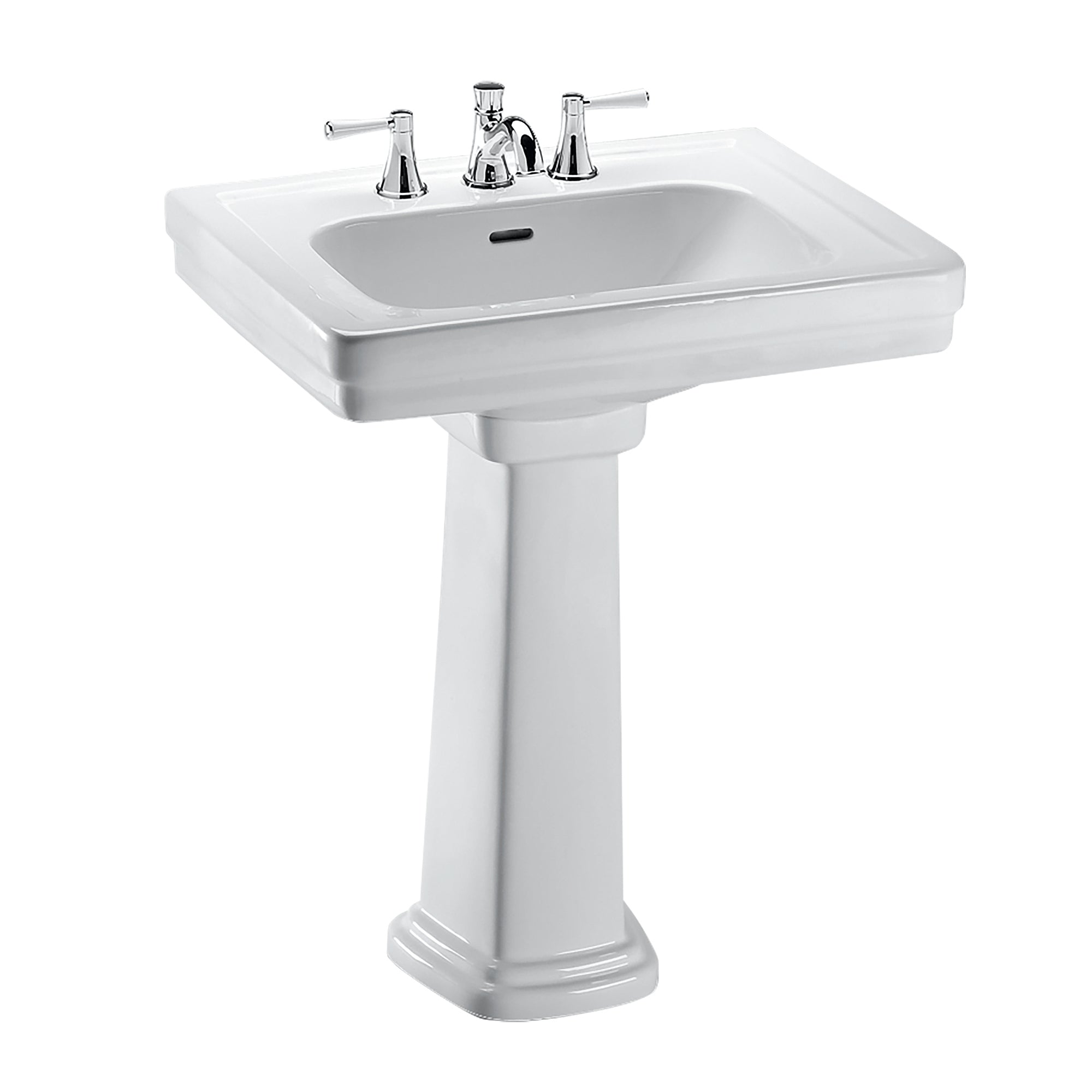 White rectangular pedestal sink with chrome faucet and handles mounted on basin.