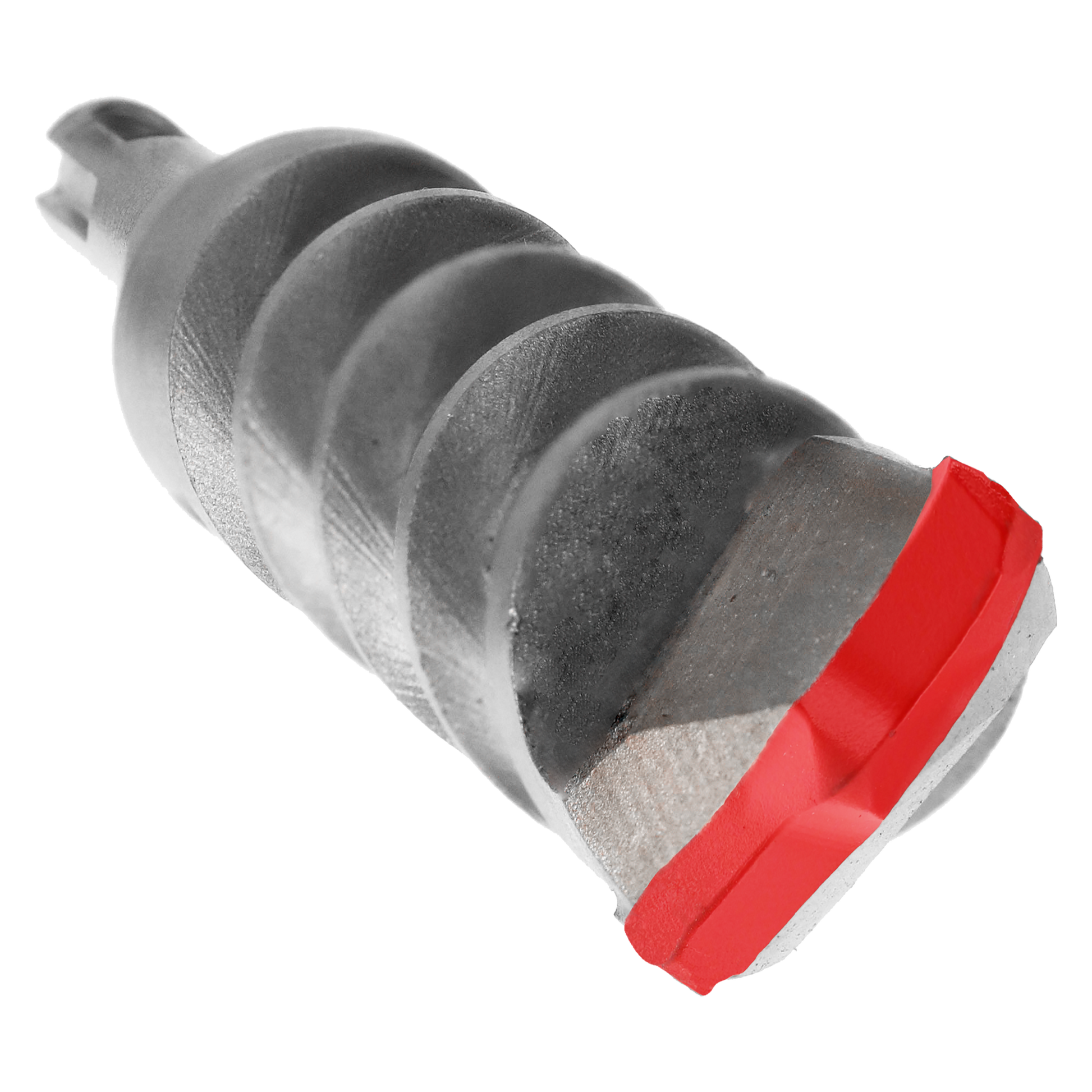 SDS-Plus rotary hammer bit with gray metal shaft, two cutting edges, and red plastic base collar.