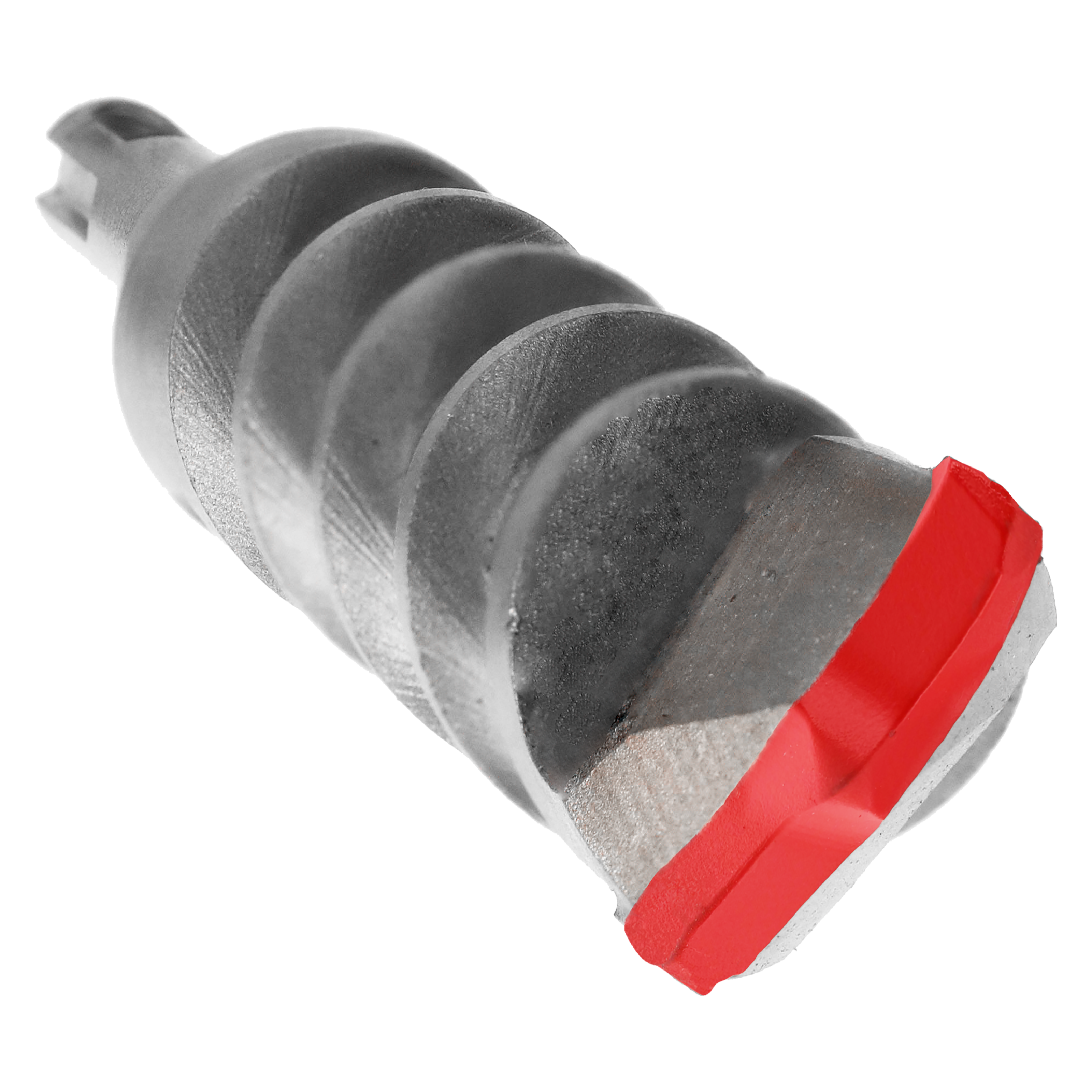 SDS-Plus rotary hammer bit with gray metal shaft, two cutting edges, and red plastic base collar.