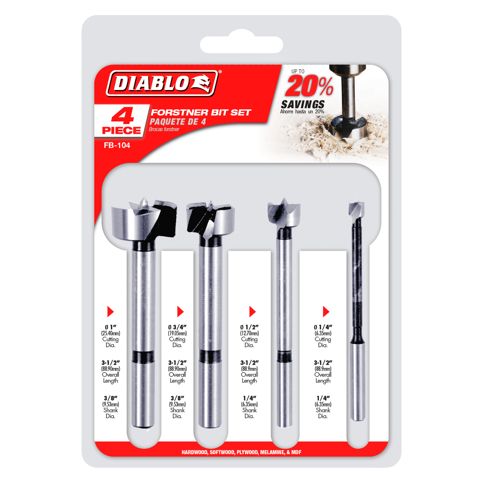 Four Diablo Forstner bits in varying sizes arranged in a row on packaging, displaying cutting diameters from 1/4" to 1".
