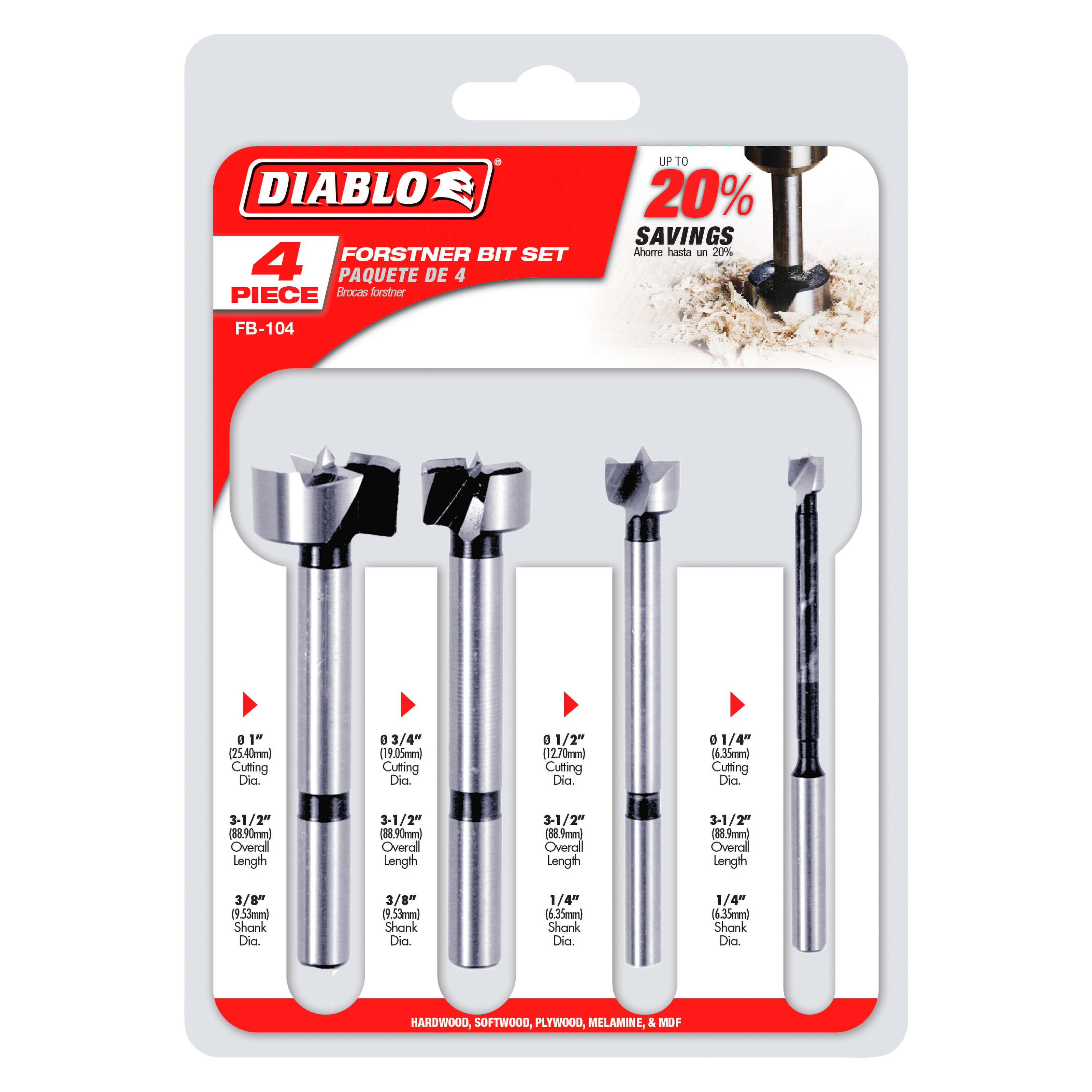 Four Diablo Forstner bits in varying sizes arranged in a row on packaging, displaying cutting diameters from 1/4" to 1".