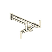 Polished nickel wall-mounted pot filler faucet with articulating arm and lever handles.