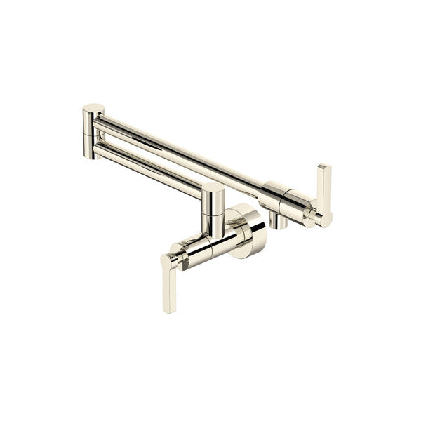 Polished nickel wall-mounted pot filler faucet with articulating arm and lever handles.