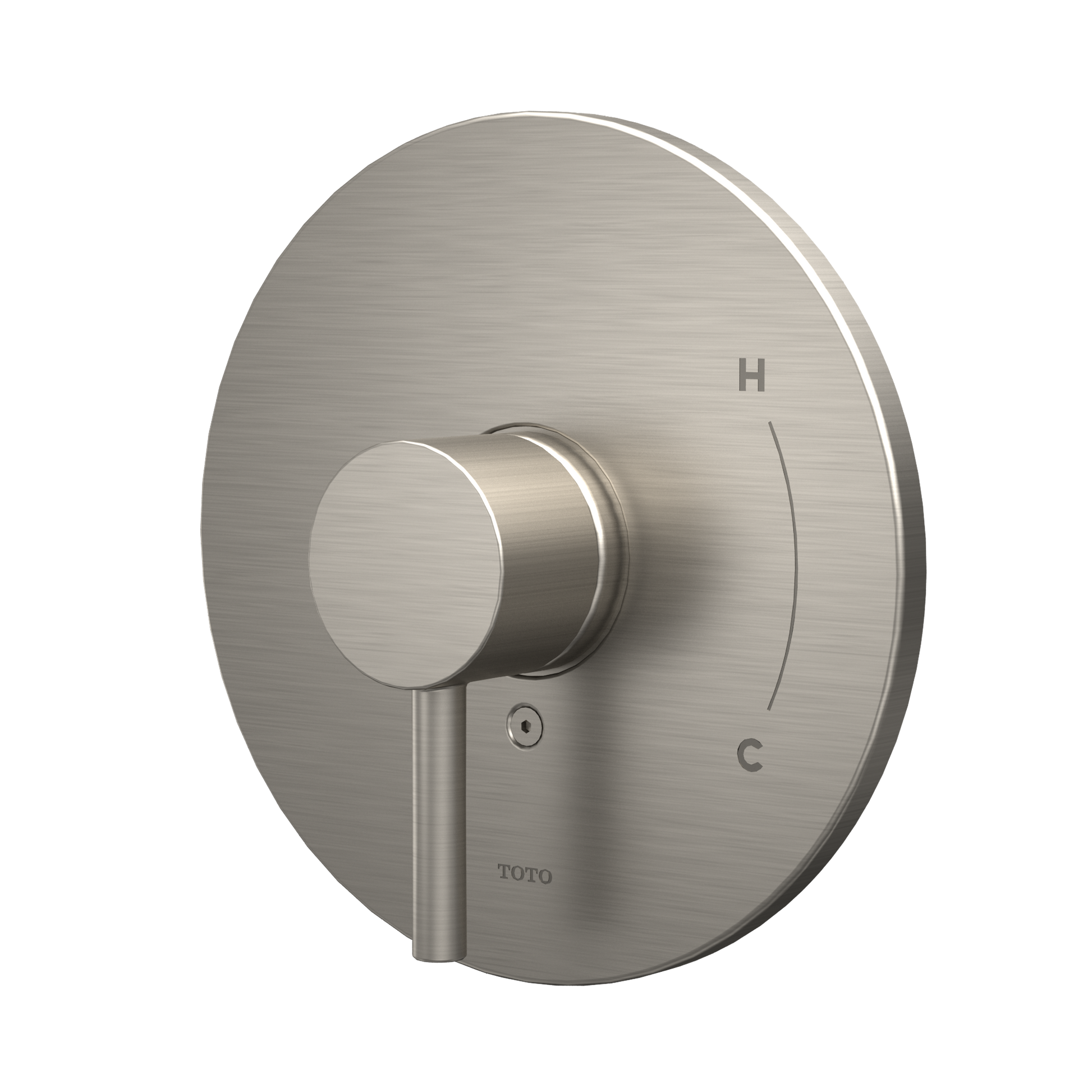 Brushed nickel round shower valve trim with single lever control and pressure balance mechanism.