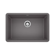 Dark gray composite single bowl kitchen sink with chrome drain assembly and rounded corners.