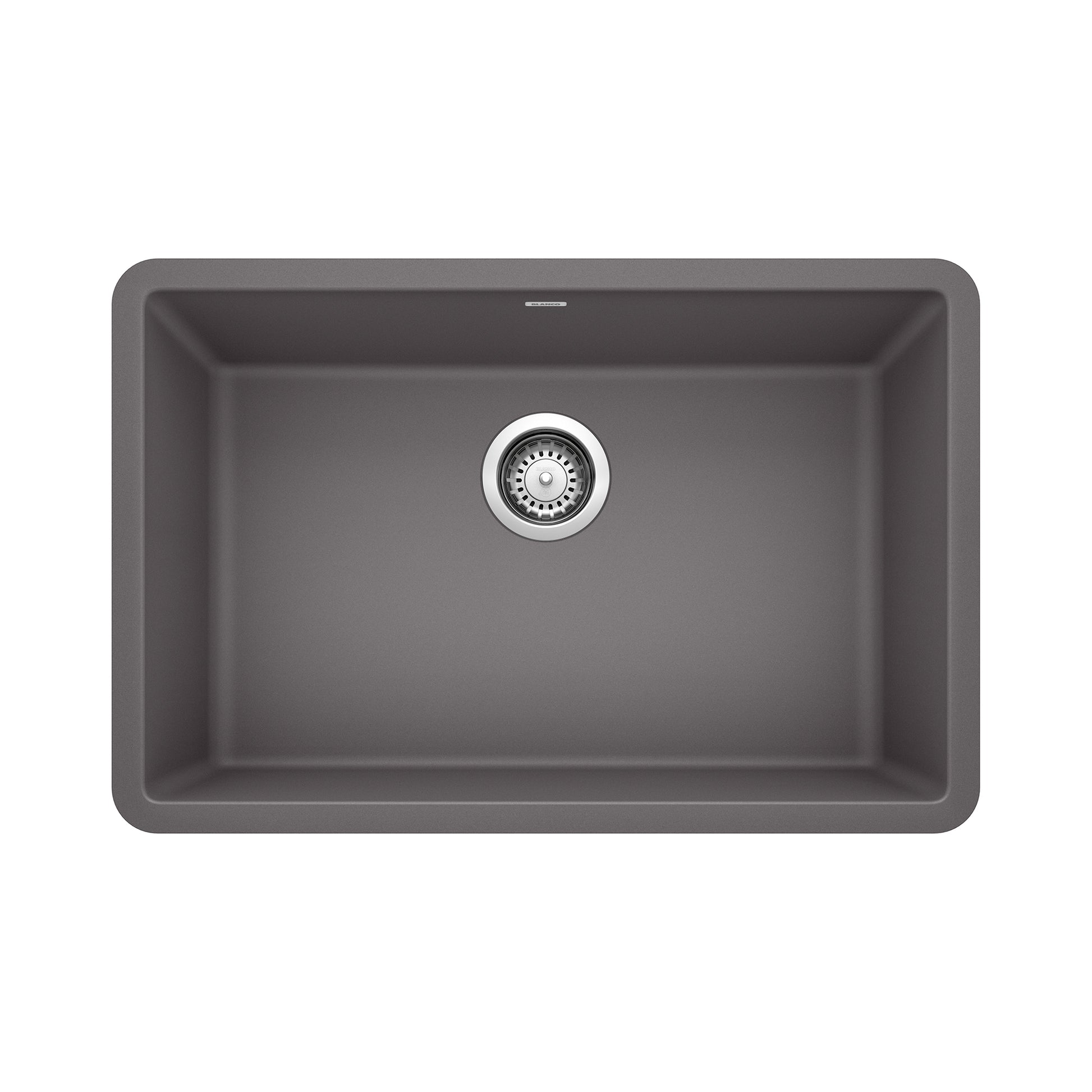 Dark gray composite single bowl kitchen sink with chrome drain assembly and rounded corners.
