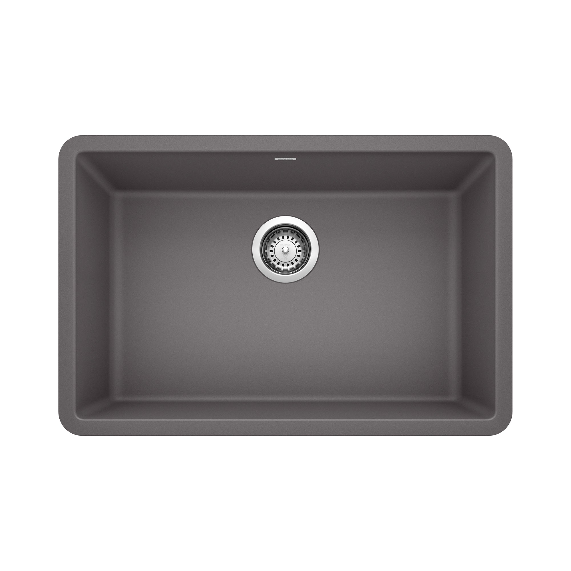 Dark gray composite single bowl kitchen sink with chrome drain assembly and rounded corners.
