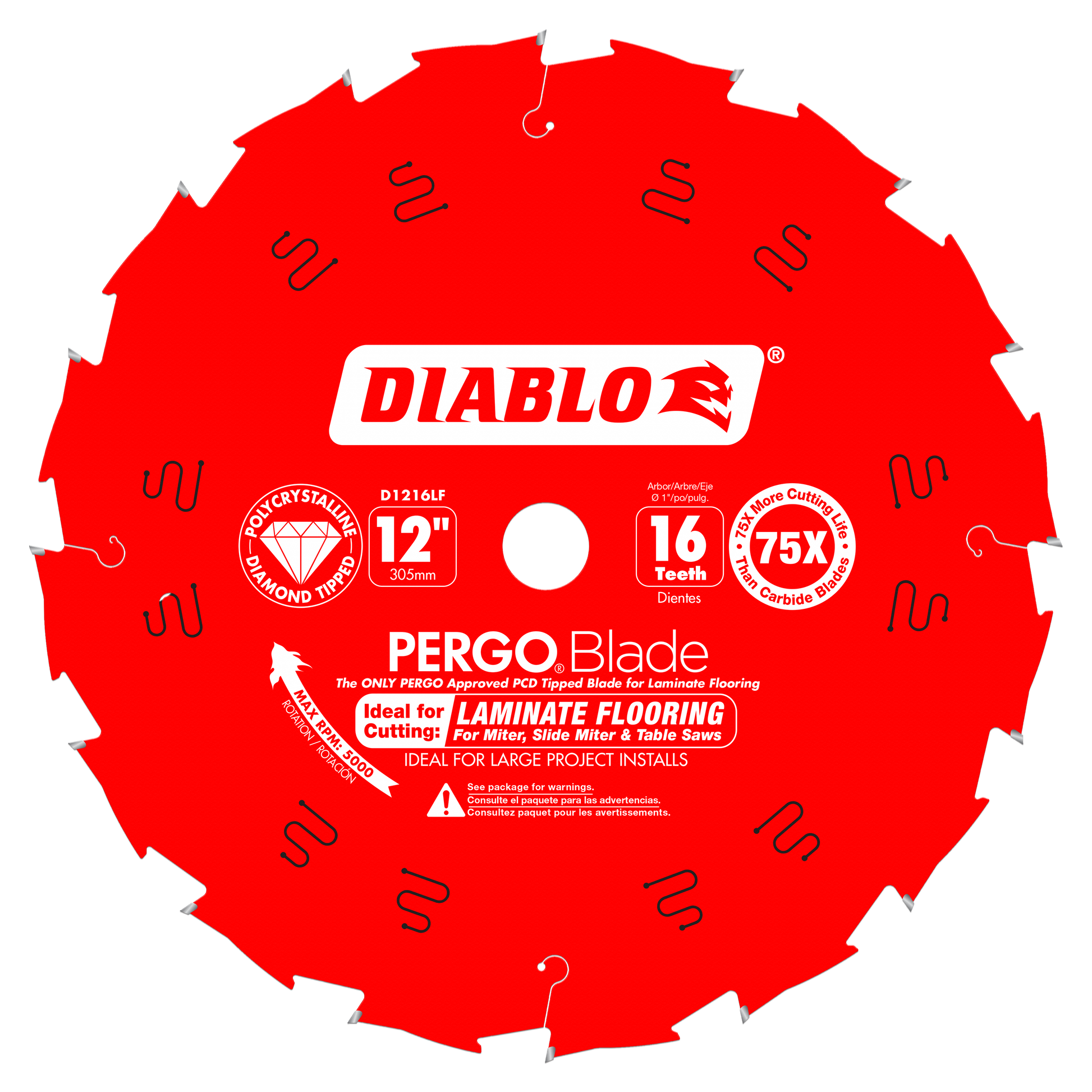Red circular saw blade with 16 teeth, 12 inch diameter, labeled Diablo PERGO Blade for laminate flooring cutting.