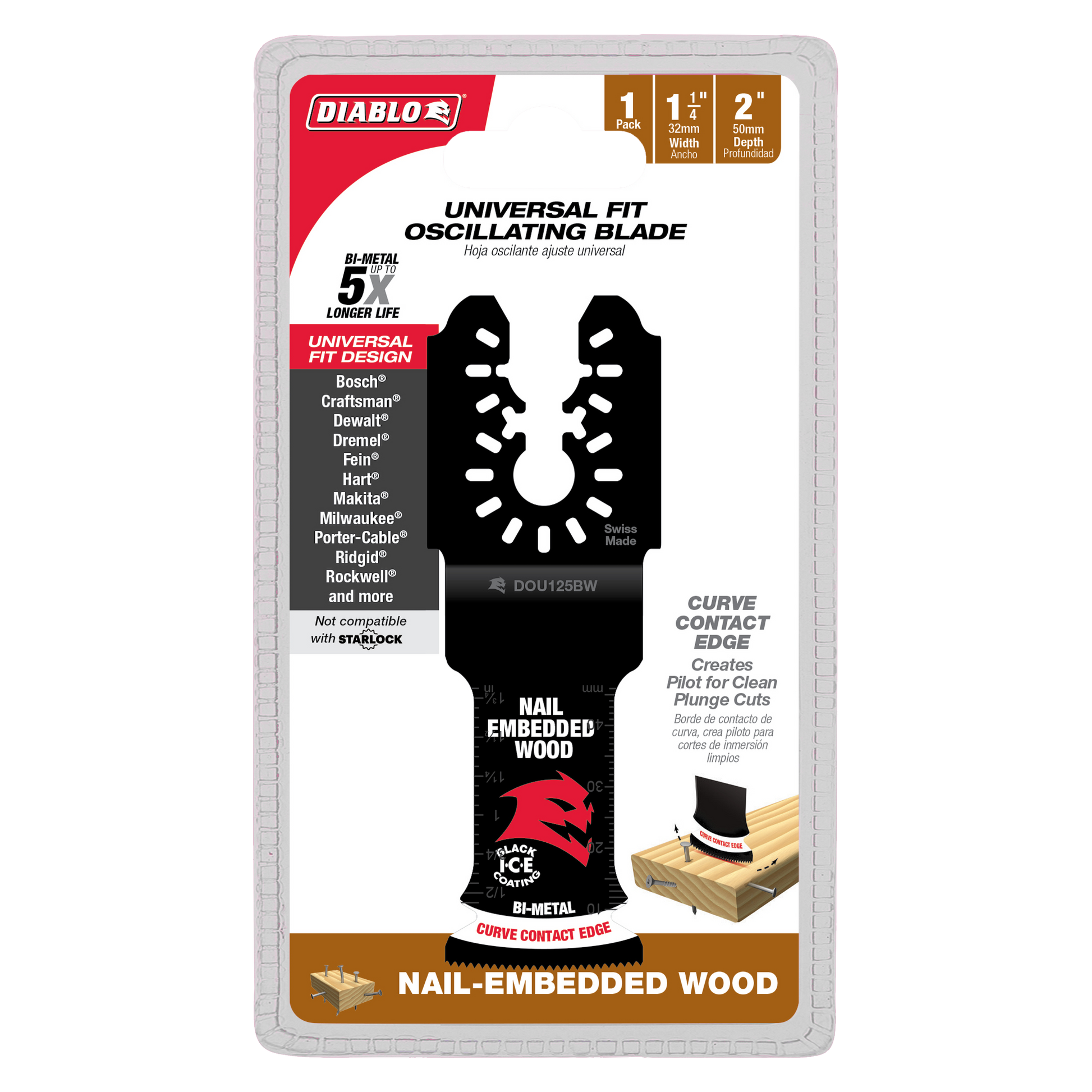 Diablo 1-1/4 inch bi-metal oscillating blade with universal fit design and curve contact edge for cutting nail-embedded wood.
