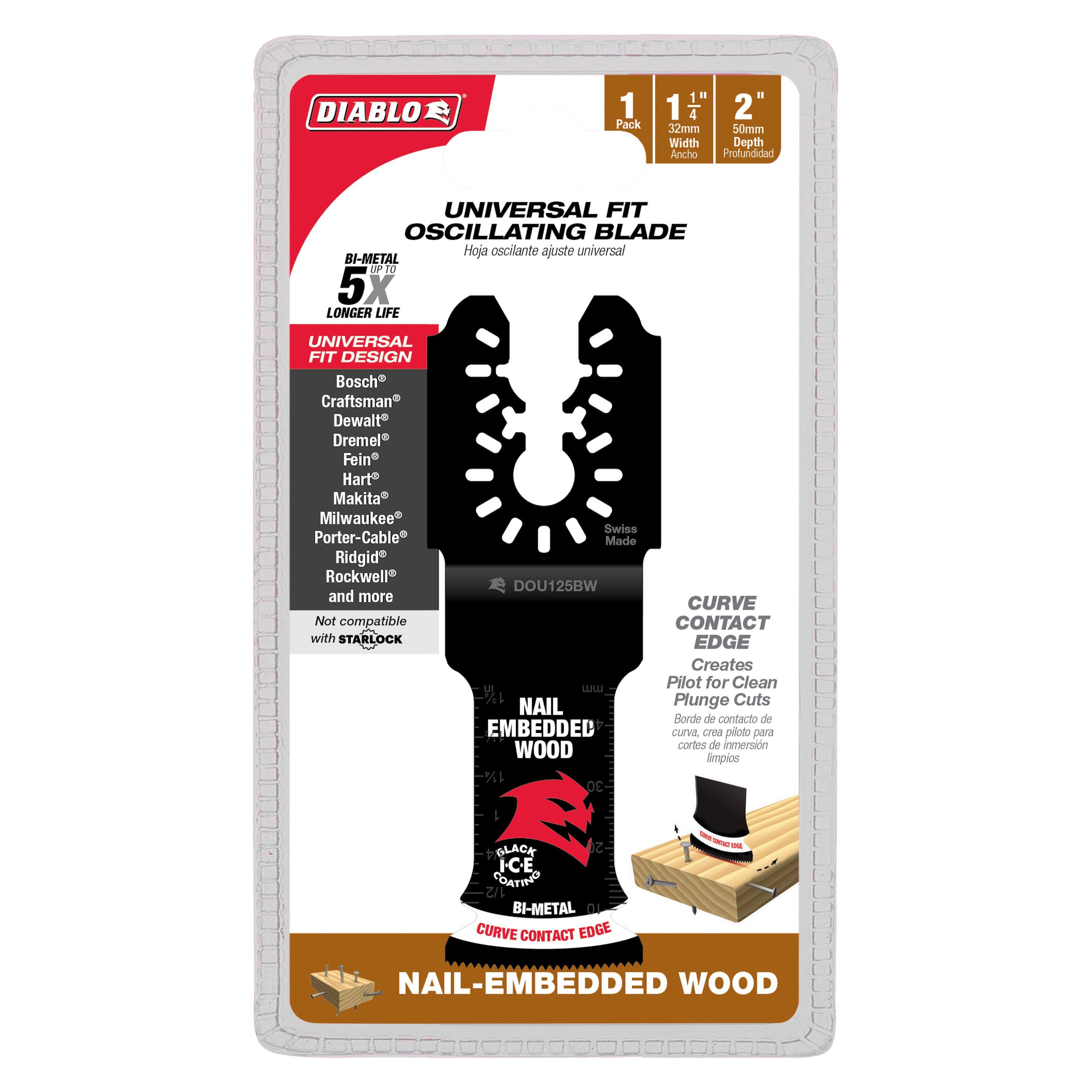 Diablo 1-1/4 inch bi-metal oscillating blade with universal fit design and curve contact edge for cutting nail-embedded wood.