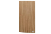 Rectangular wooden cutting board with light tan finish and visible wood grain texture.