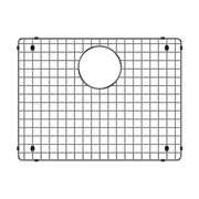 Stainless steel sink grid with square mesh pattern, circular drain opening in center, and corner mounting feet.