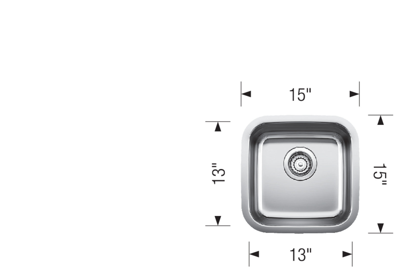 Stainless steel undermount bar sink with rounded square shape, 15" width and depth, 13" interior bowl width, single drain ope