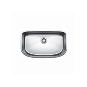 Stainless steel single bowl sink with rounded rectangular shape and drain opening, viewed from above.