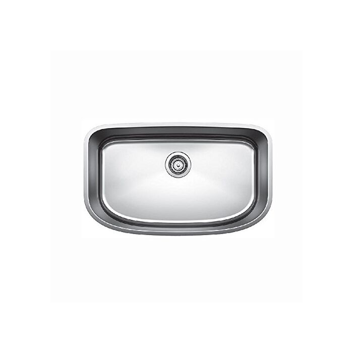 Stainless steel single bowl sink with rounded rectangular shape and drain opening, viewed from above.