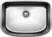 Stainless steel single bowl undermount sink with rounded corners and decorative drain strainer, viewed from above.