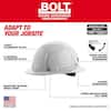 White full brim hard hat with black ratcheting suspension system and adjustment dial.