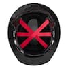 Black hard hat with red interior suspension system and full brim, front view.