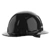 Black full brim hard hat with ratcheting suspension system and front brim.