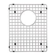 Stainless steel sink grid with square grid pattern, circular center opening, and black rubber corner feet.