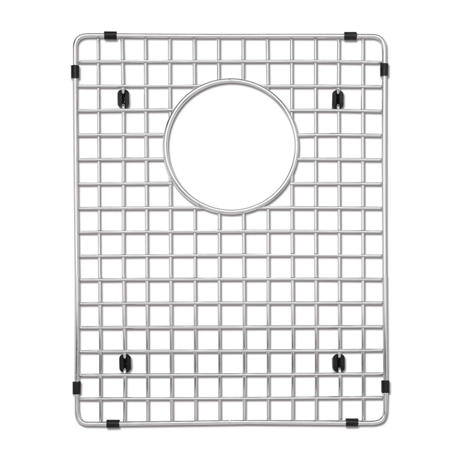 Stainless steel sink grid with square grid pattern, circular center opening, and black rubber corner feet.