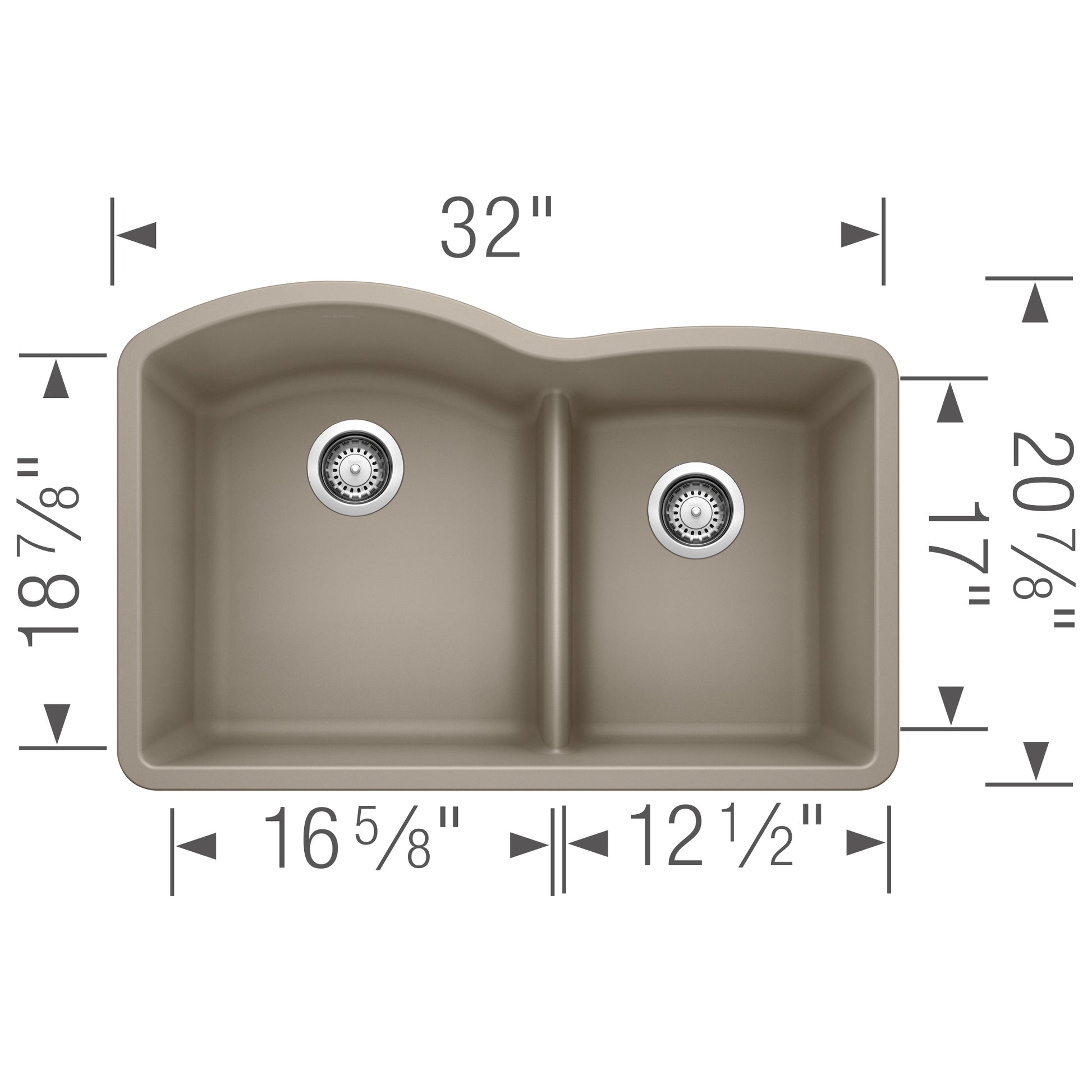 Truffle-colored undermount kitchen sink with two unequal bowls and low divider, 32 inches wide with drains.