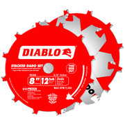 Red and silver Diablo stacked dado saw blade with 8-inch diameter, 12 teeth, and 5/8-inch arbor for woodworking.