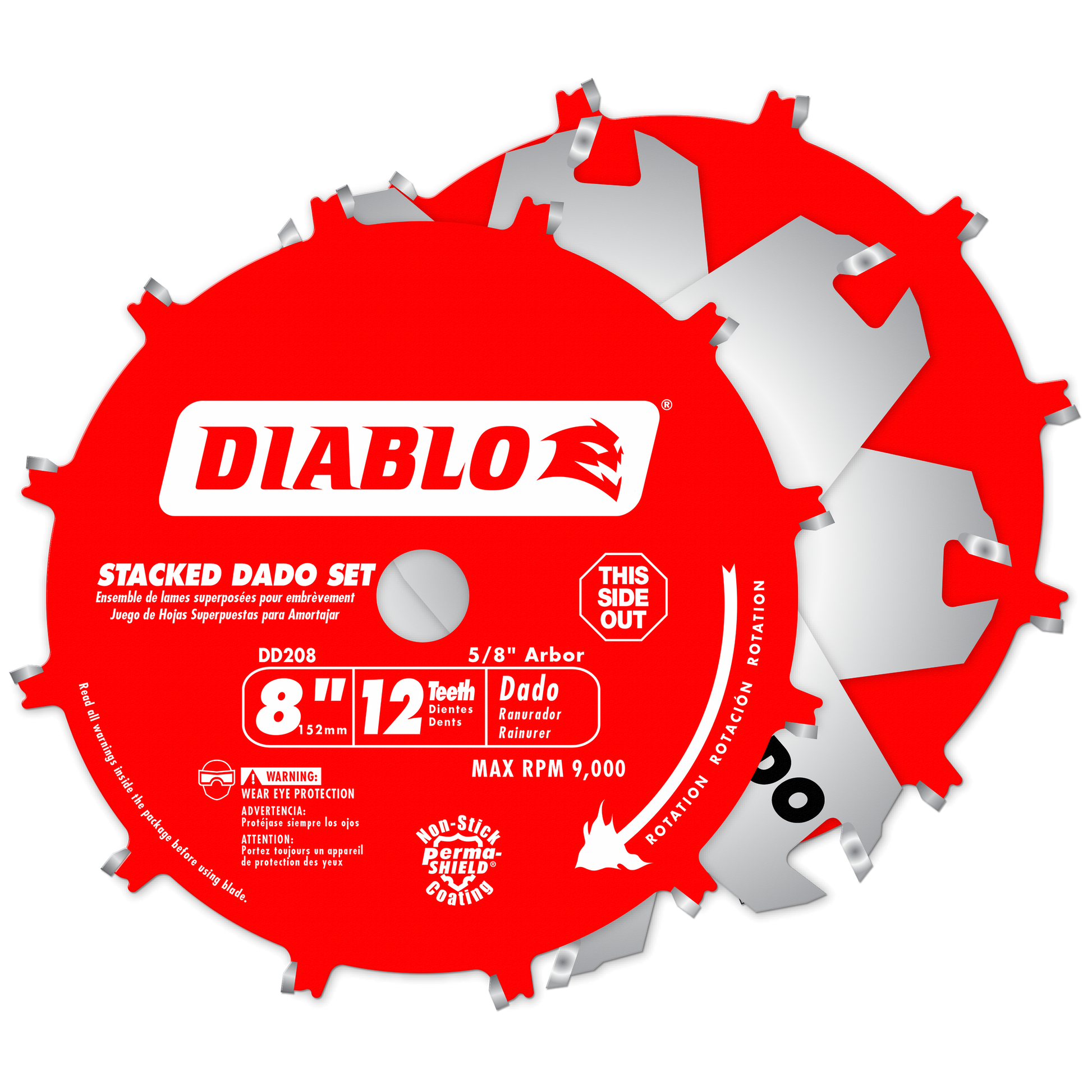 Red and silver Diablo stacked dado saw blade with 8-inch diameter, 12 teeth, and 5/8-inch arbor for woodworking.