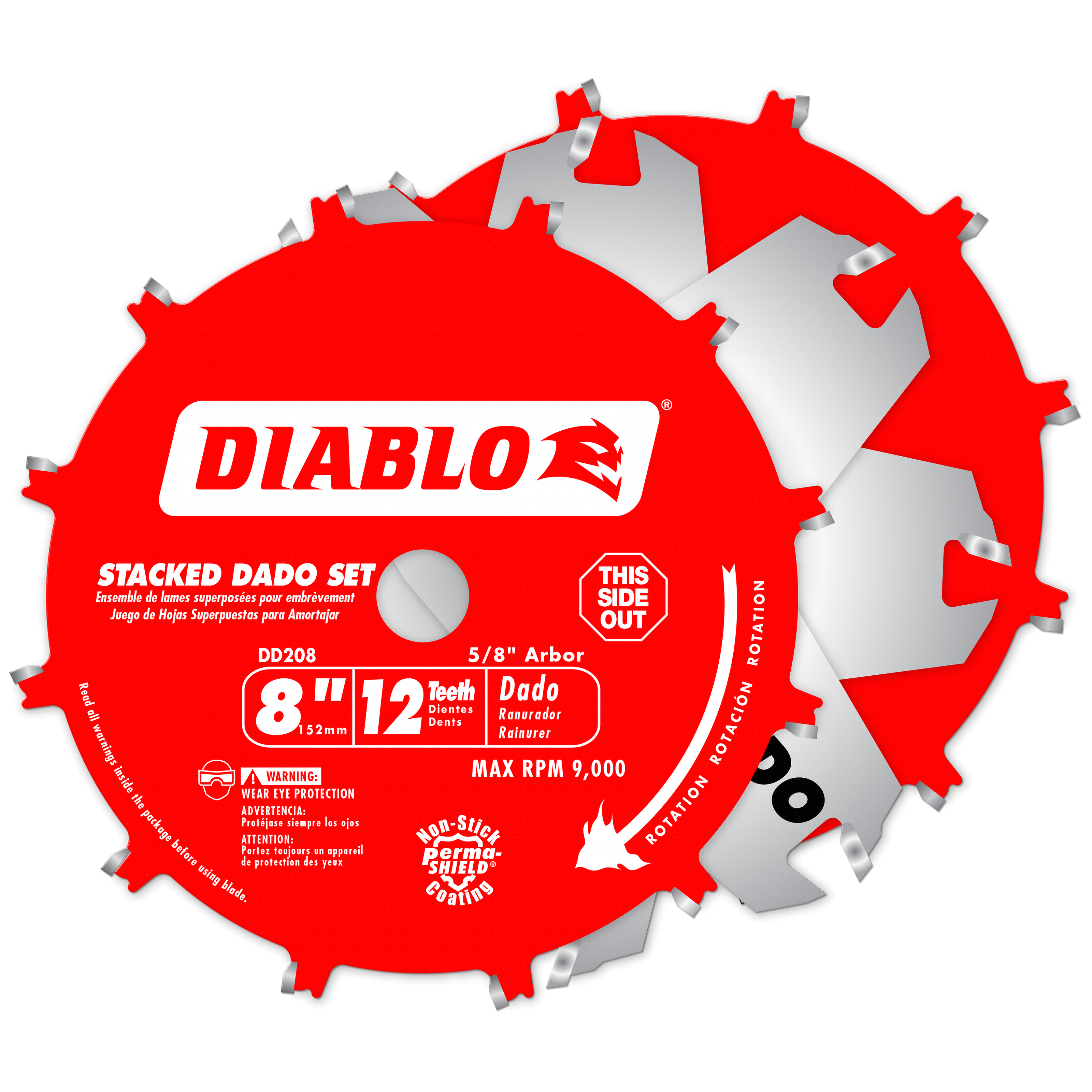 Red and silver Diablo stacked dado saw blade with 8-inch diameter, 12 teeth, and 5/8-inch arbor for woodworking.