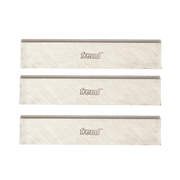 Three 4-inch Freud high speed steel planer and jointer knives with gray cutting edges and cream-colored bodies.
