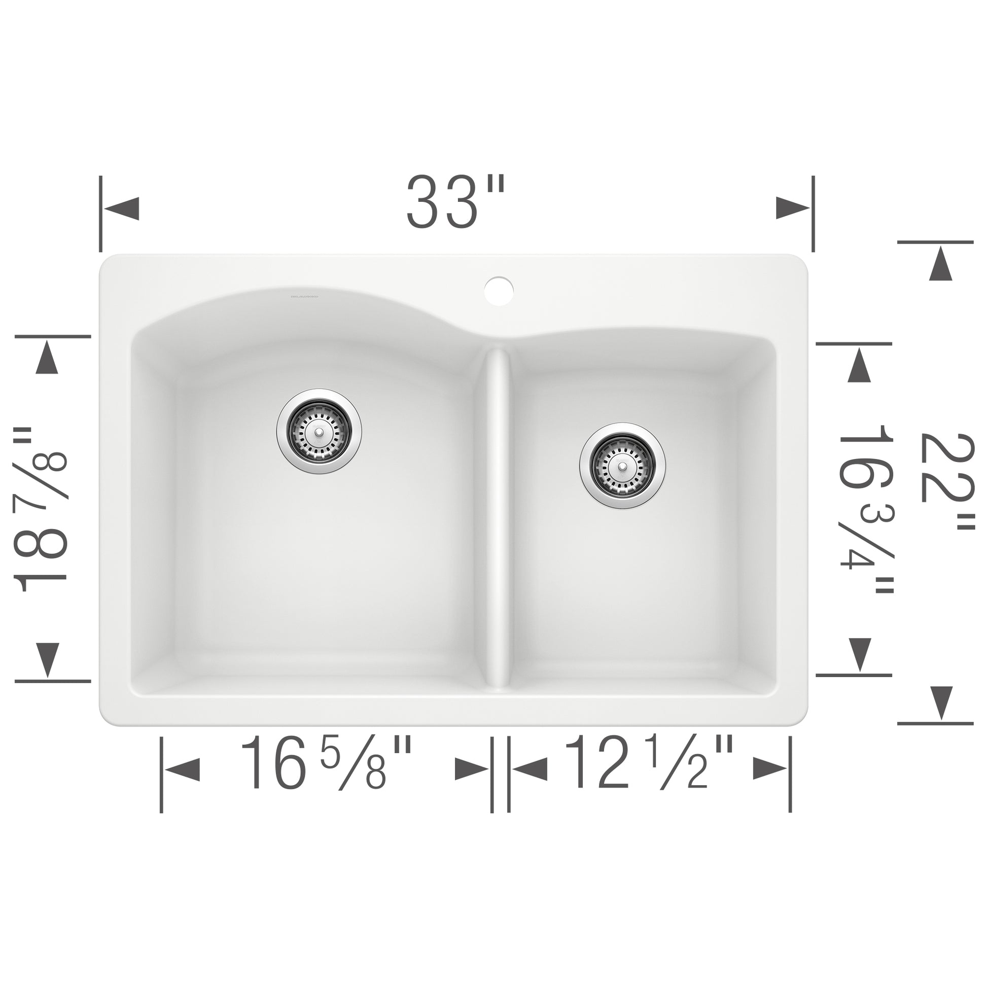 White drop-in kitchen sink with two bowls and drains, measuring 33 inches wide by 22 inches deep.