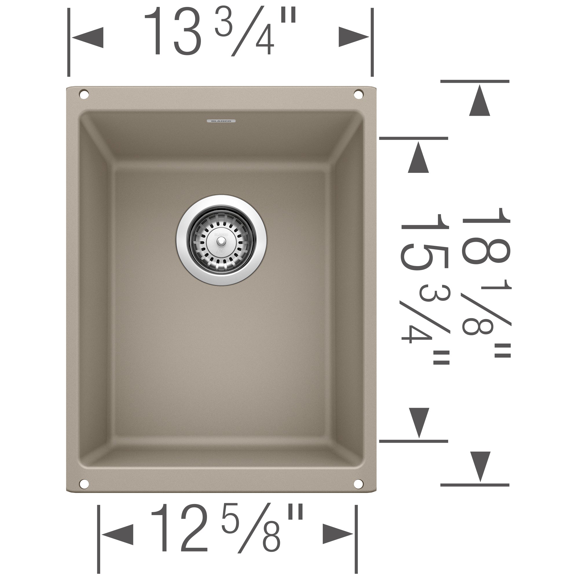 Truffle-colored undermount kitchen sink with single basin, measuring 13¾" wide by 12⅝" deep, featuring chrome drain strainer.