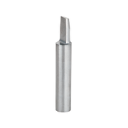 Silver metal router bit with cylindrical shank and angled cutting edge at top.