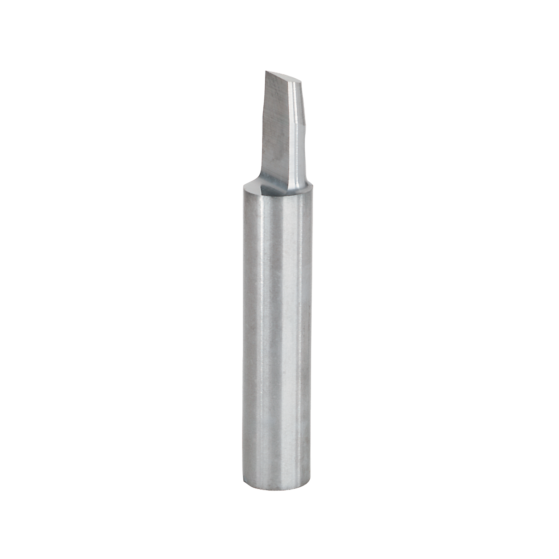 Silver metal router bit with cylindrical shank and angled cutting edge at top.