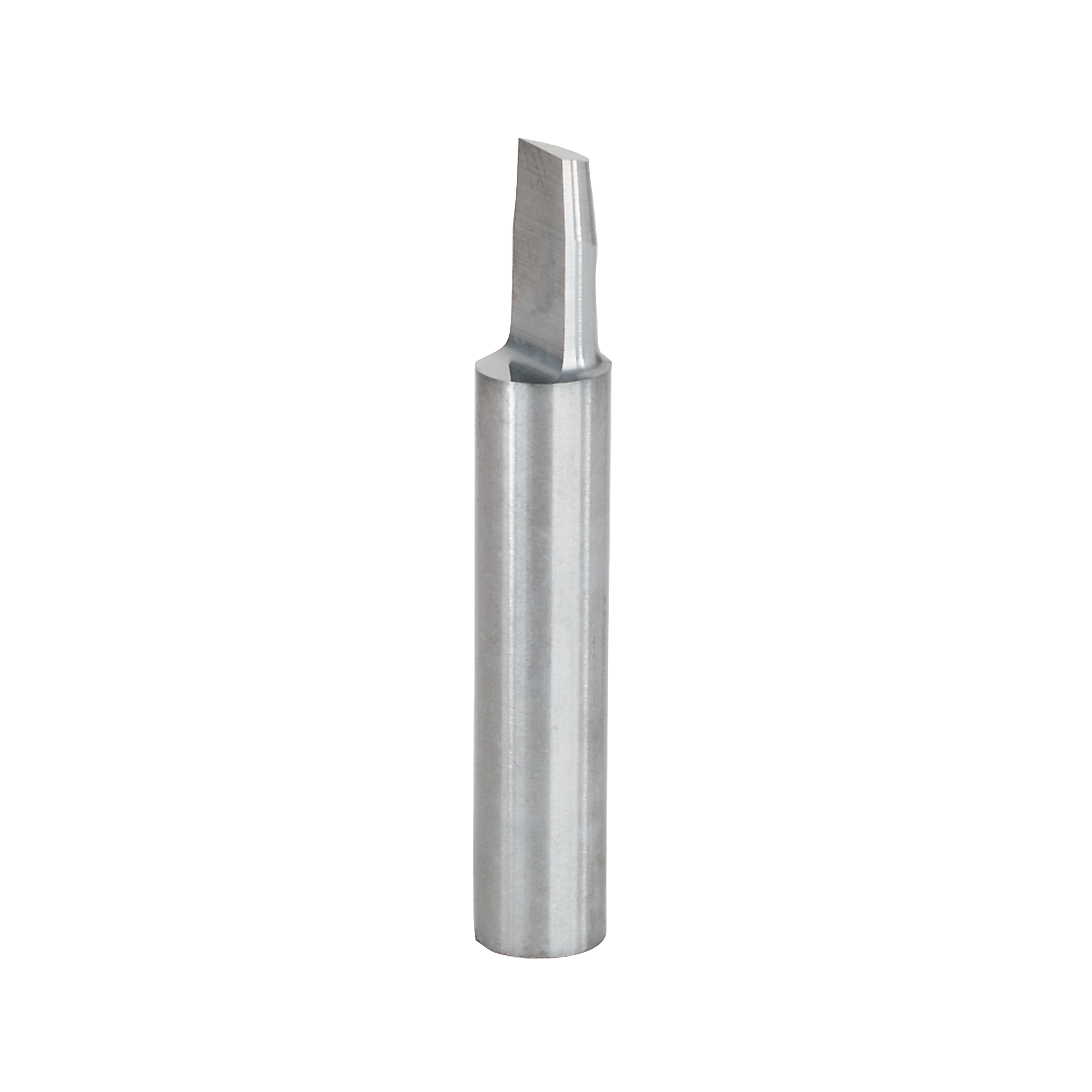 Silver metal router bit with cylindrical shank and angled cutting edge at top.