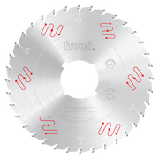 Circular saw blade with carbide teeth and red cooling groove markings on silver steel surface.