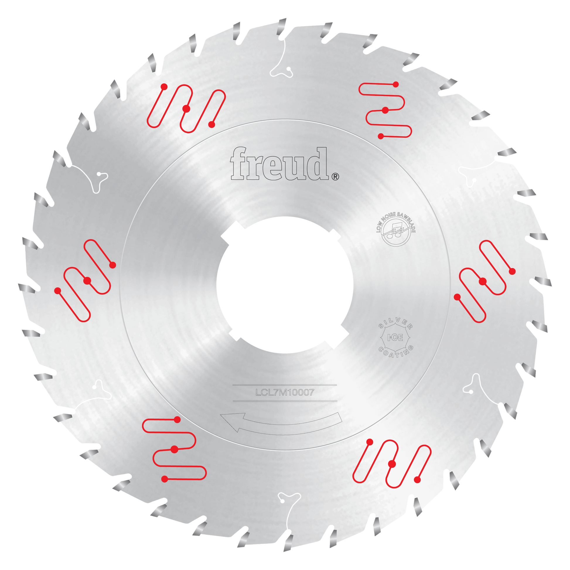 Circular saw blade with carbide teeth and red cooling groove markings on silver steel surface.