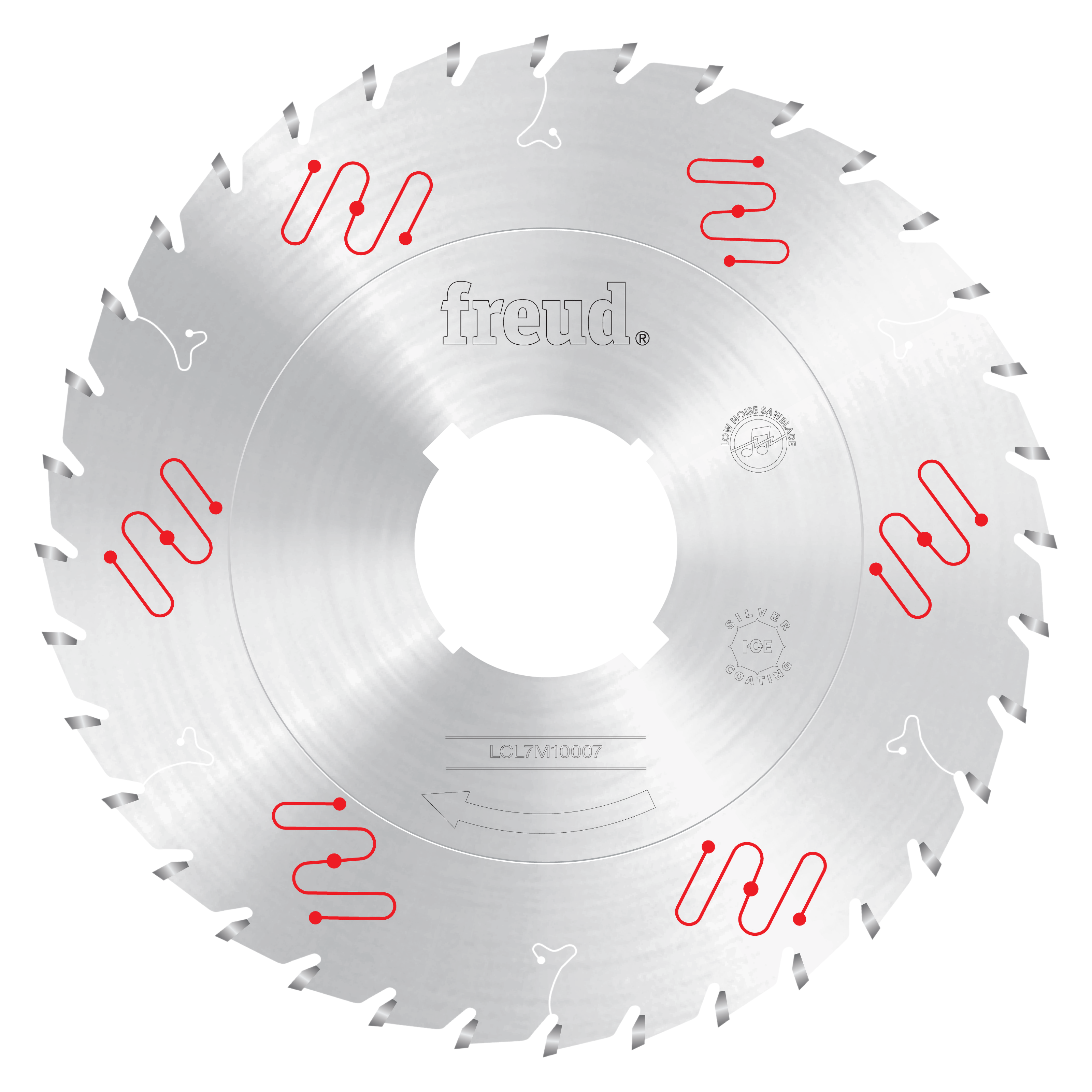 Circular saw blade with carbide teeth and red cooling groove markings on silver steel surface.