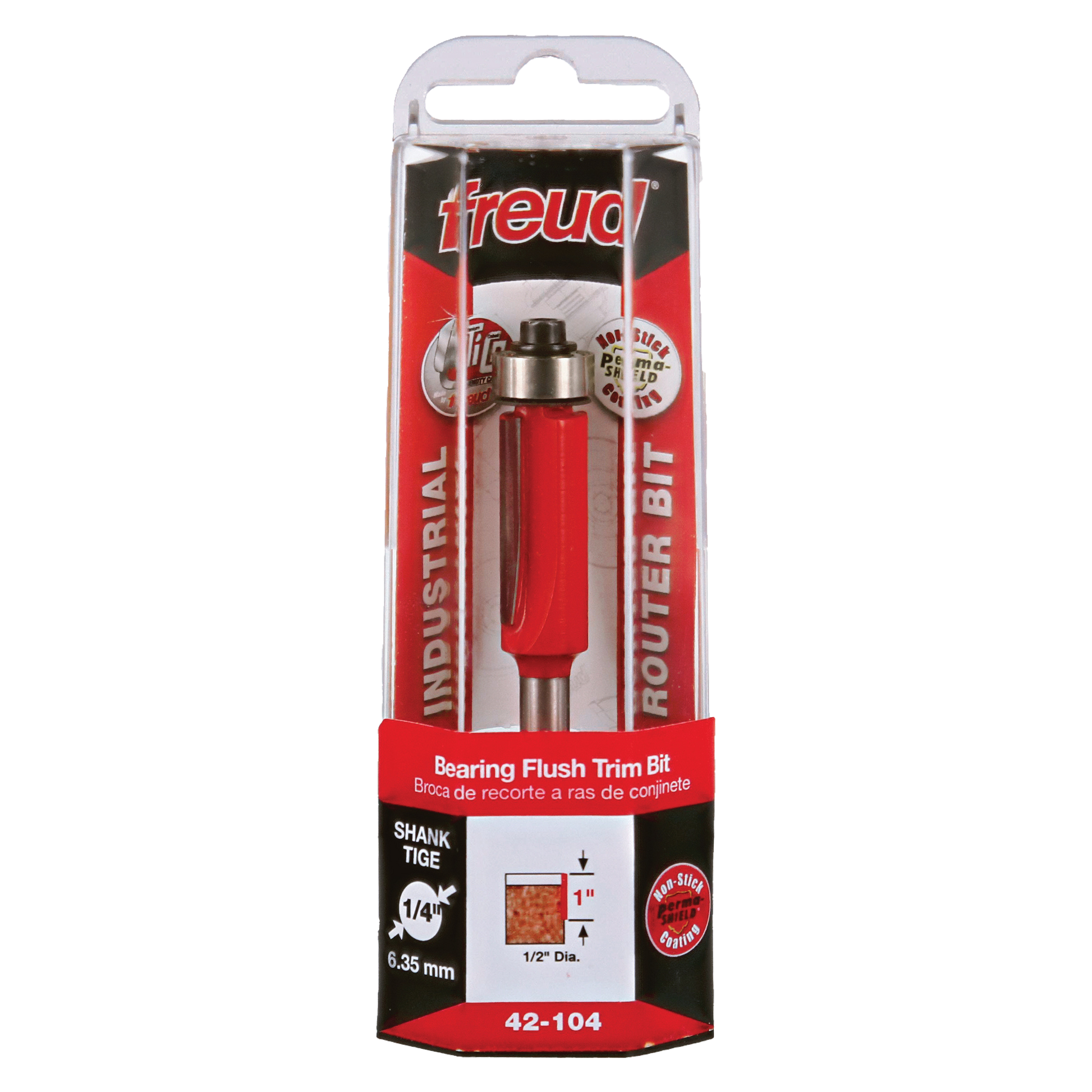 Freud bearing flush trim bit with 1/2" diameter, 1" cutting height, red shank, displayed in clear plastic packaging.
