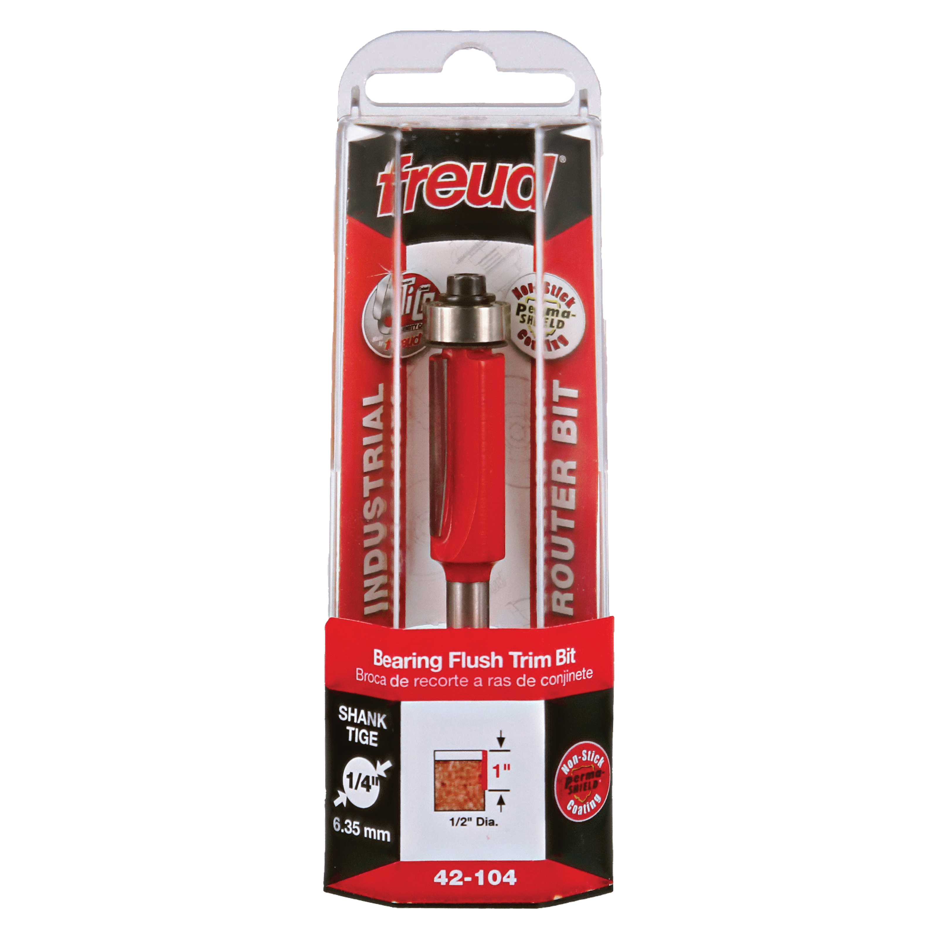 Freud bearing flush trim bit with 1/2" diameter, 1" cutting height, red shank, displayed in clear plastic packaging.