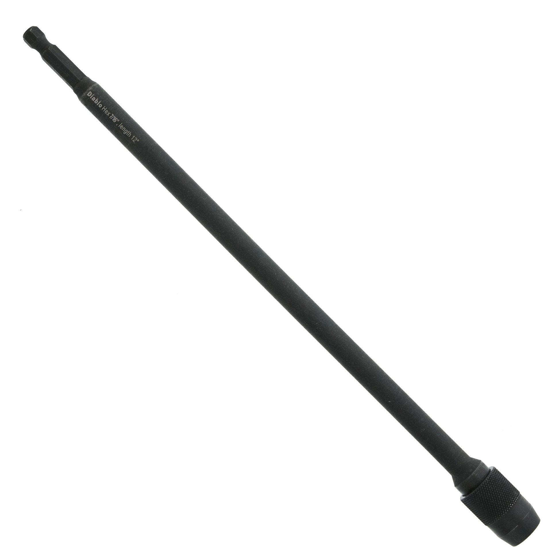 Black cylindrical extension rod with grip end and engraved text on shaft.