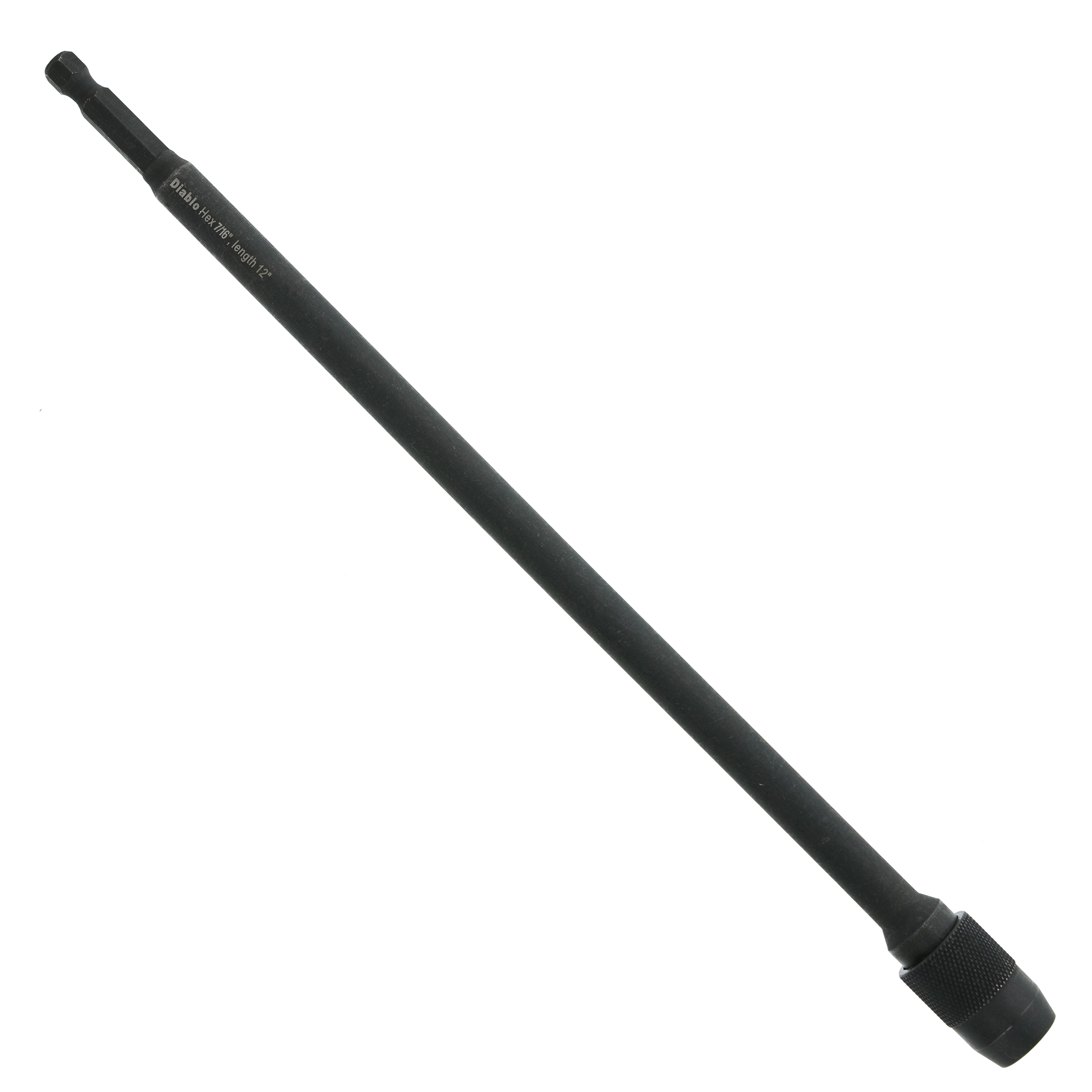 Black cylindrical extension rod with grip end and engraved text on shaft.
