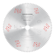 Circular saw blade with fine teeth and red mechanical clamping system indicators around the perimeter.