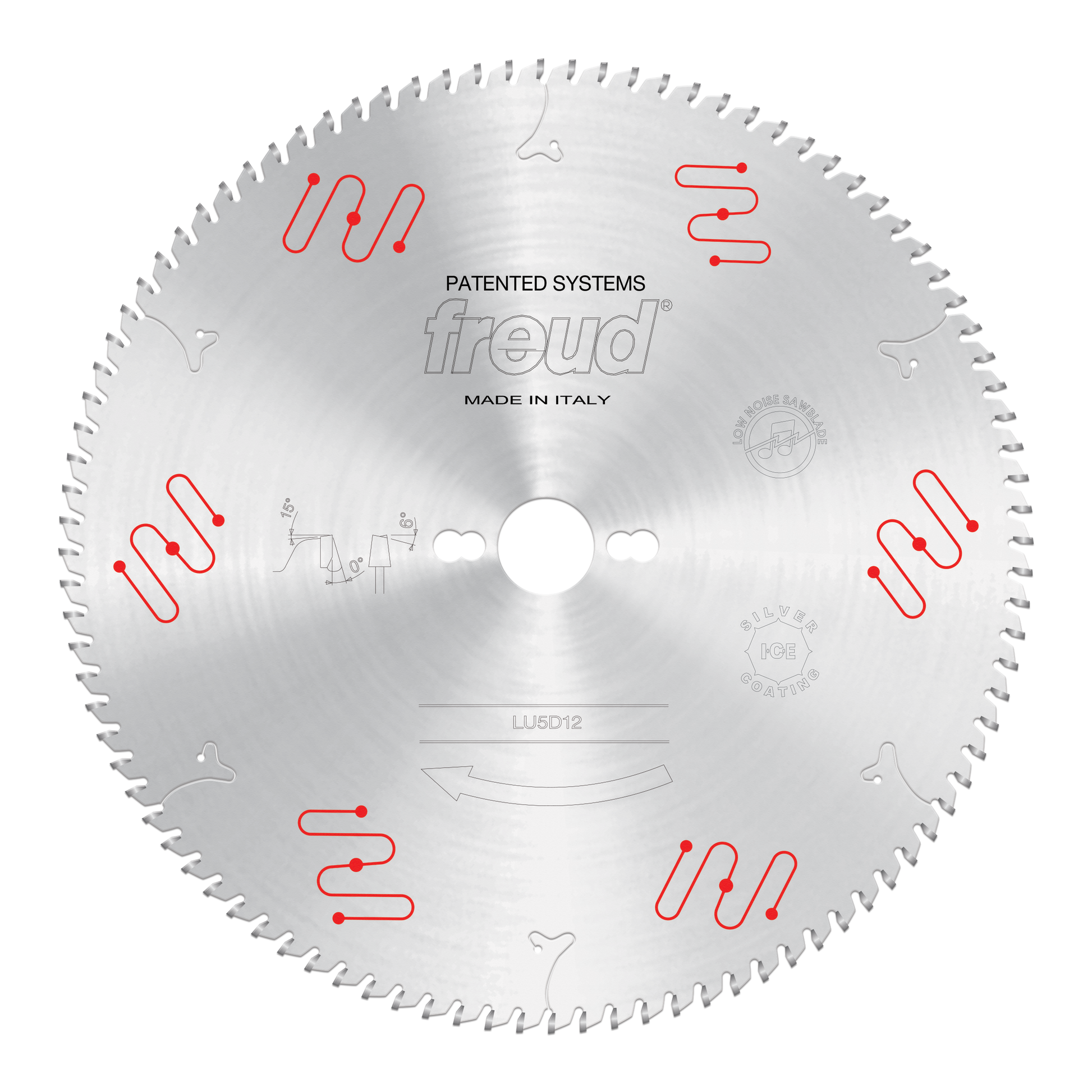 Circular saw blade with fine teeth and red mechanical clamping system indicators around the perimeter.