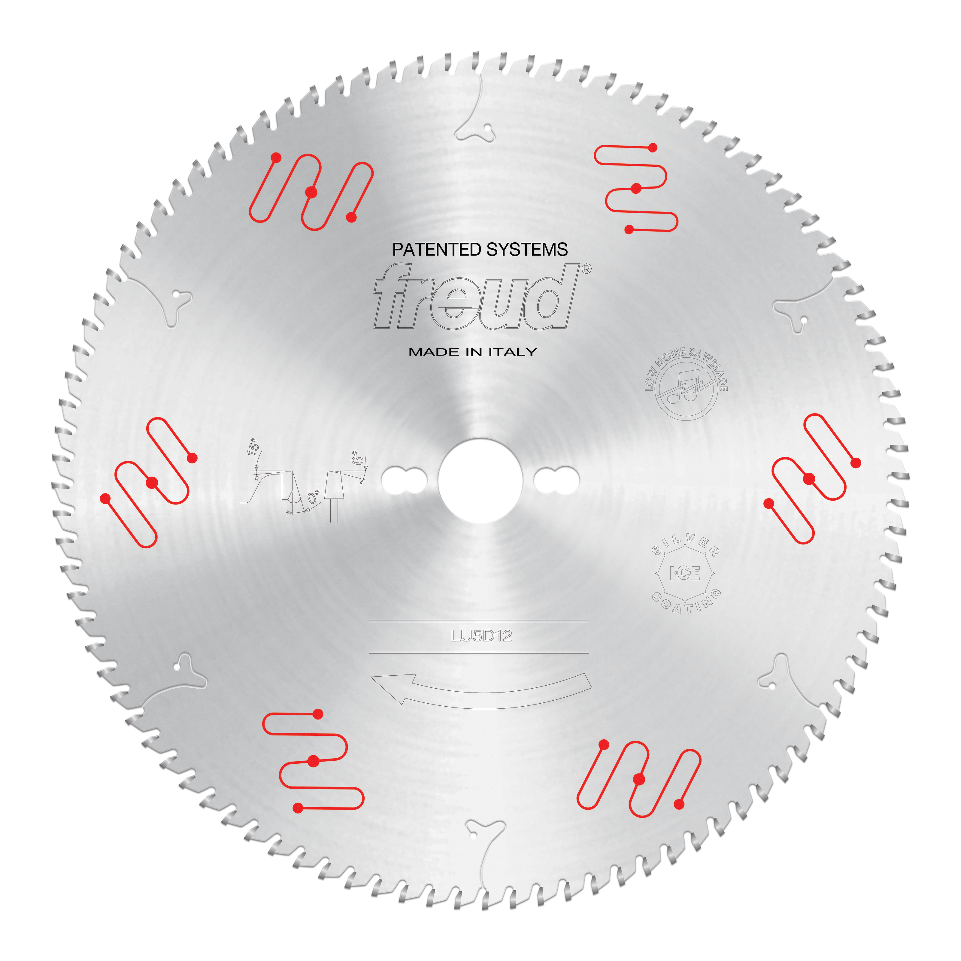 Circular saw blade with fine teeth and red mechanical clamping system indicators around the perimeter.
