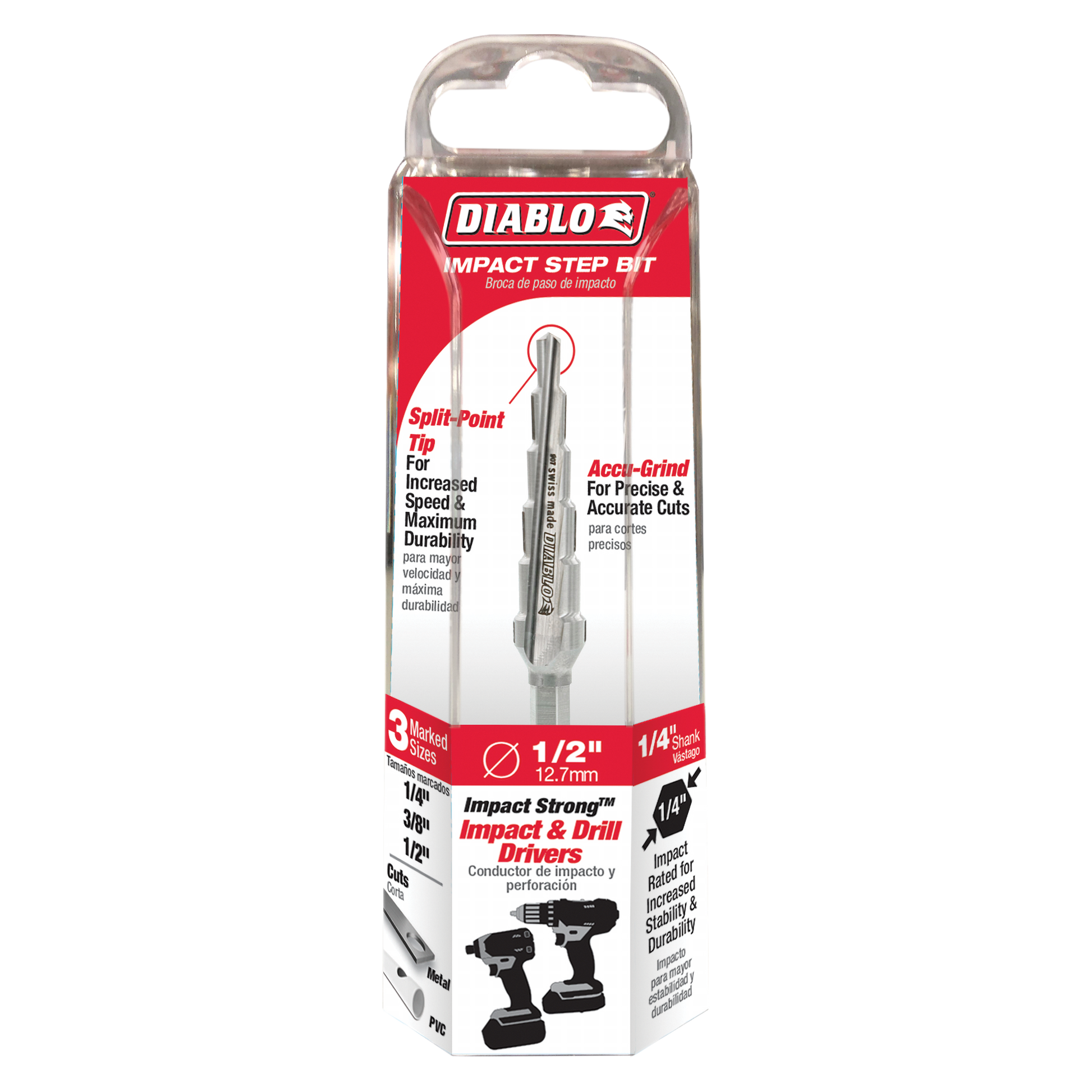 Diablo impact step drill bit with split-point tip and six stepped sizes from 1/4 to 1/2 inch in clear plastic packaging.