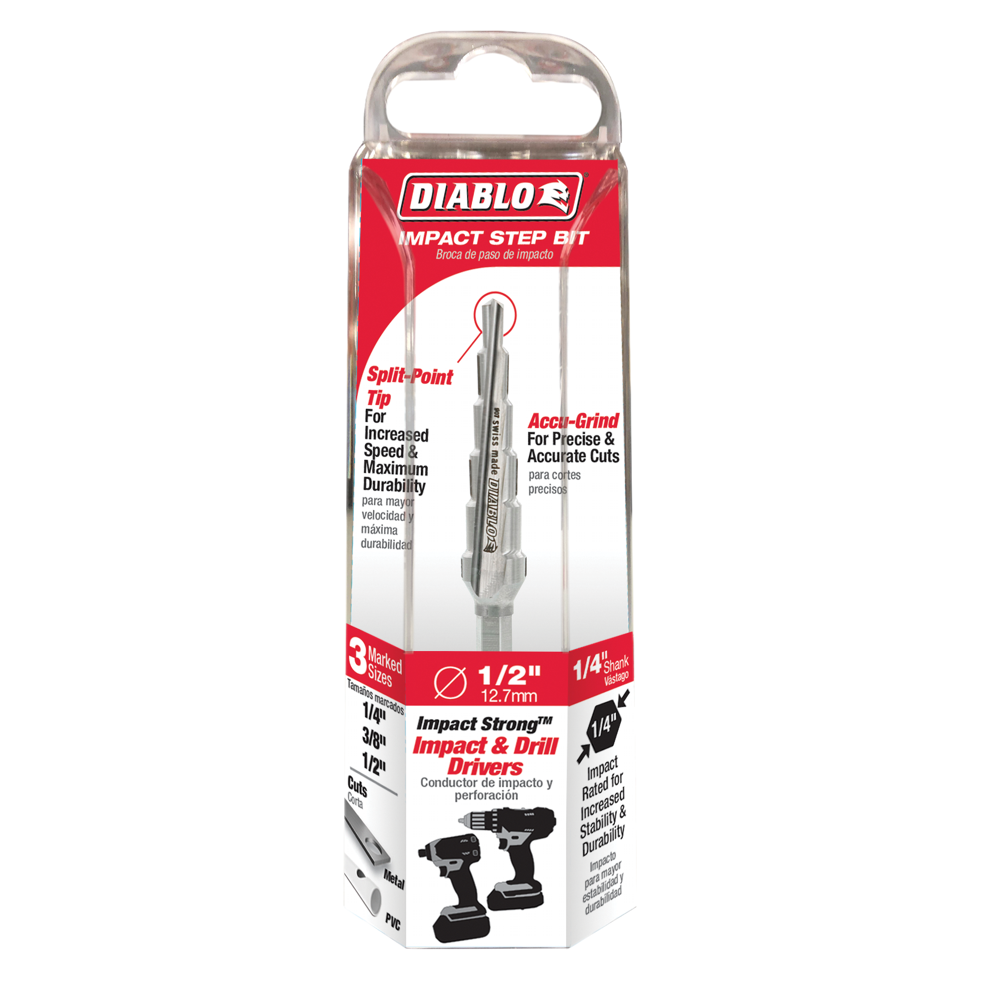 Diablo impact step drill bit with split-point tip and six stepped sizes from 1/4 to 1/2 inch in clear plastic packaging.