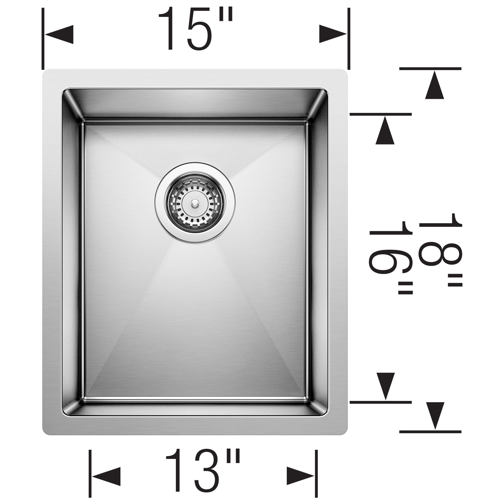 Stainless steel undermount kitchen sink with single bowl, drain strainer, and dimension markings showing 15" width and 13" bo