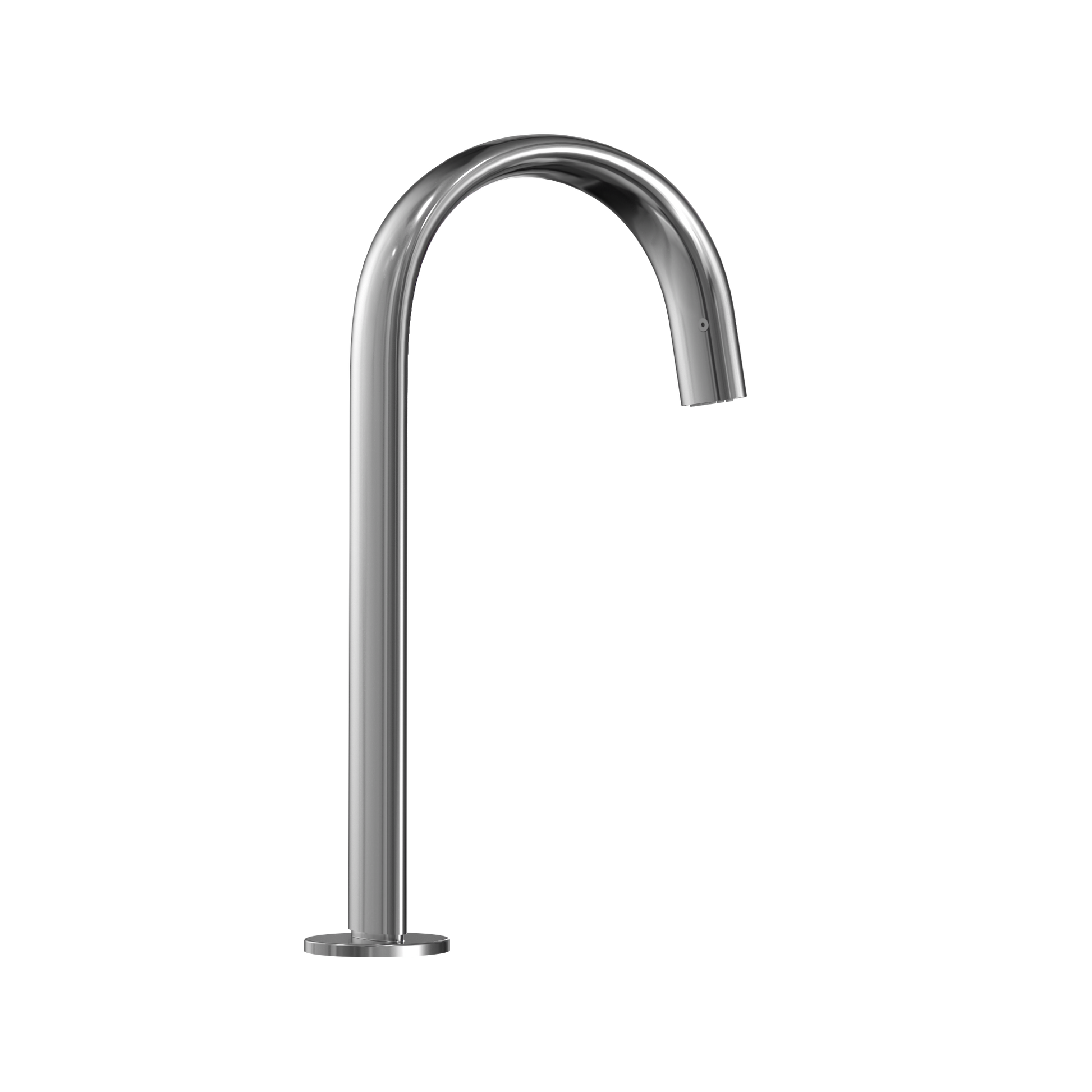 Polished chrome gooseneck faucet with curved spout and deck-mounted base.