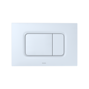 White matte rectangular dual flush push button plate with two separate buttons for toilet tank operation.